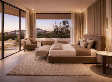 Luxury bedroom interior at The Grove Marbella West, new build apartment 5 minutes from Puerto Banús, elegant design and terrace view.