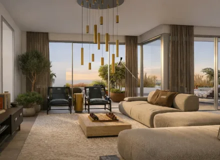 Luxury living room at The Grove Marbella West, new build apartment 5 minutes from Puerto Banús, elegant interior with terrace view.