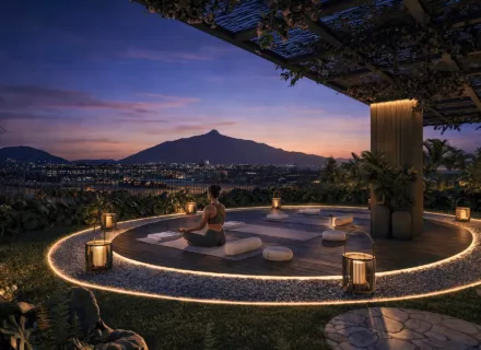 Luxury rooftop wellness area at The Grove Marbella West, new build apartments 5 minutes from Puerto Banús, sunset view and relaxation space.