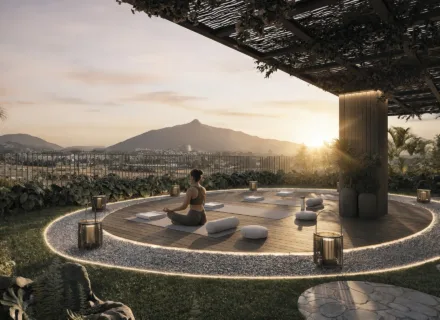 Luxury rooftop yoga and wellness area at The Grove Marbella West, new build apartments 5 minutes from Puerto Banús, sunrise mountain view.