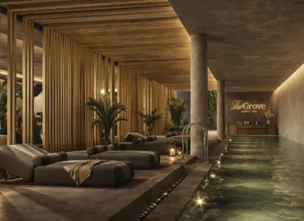 Luxury spa and indoor pool at The Grove Marbella West, new build development just 5 minutes from Puerto Banús, elegant wellness area.
