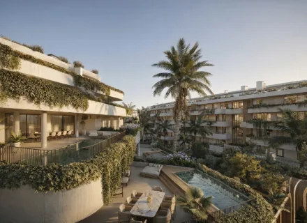 Luxury terraces and pools at The Grove Marbella West, new build apartments 5 minutes from Puerto Banús, green architecture and premium design.