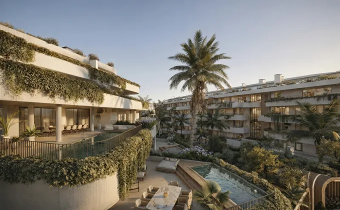 Luxury terraces and pools at The Grove Marbella West, new build apartments 5 minutes from Puerto Banús, green architecture and premium design.