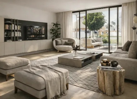 Bright living room at Ayana Estepona with modern furniture, large sliding doors and seamless access to a private terrace.
