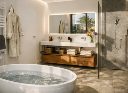 Luxury bathroom at Ayana Estepona with freestanding bathtub, walk-in shower, double vanity and refined natural finishes.