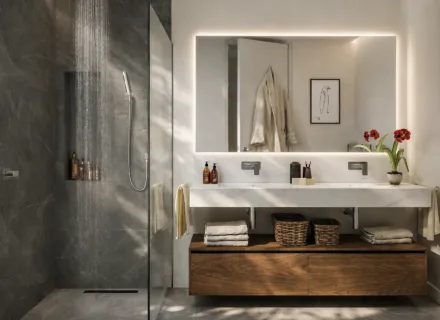 Elegant bathroom at Ayana Estepona with walk-in shower, double vanity, natural stone finishes and soft ambient lighting.