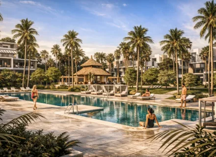 Luksusowy kompleks Ayana Estepona z basenem, palmami i strefą relaksu, nowoczesna architektura i atmosfera Costa del Sol SPA.