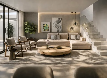 Contemporary living room at Ayana Estepona with designer sofa, wooden accents, staircase feature and soft ambient lighting.