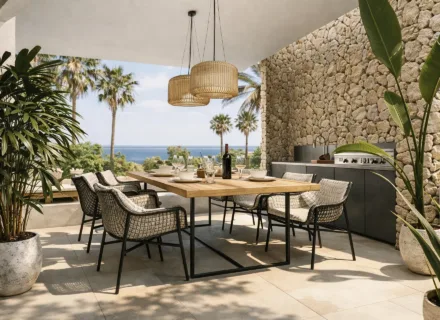 Outdoor dining terrace at Ayana Estepona with sea views, built-in barbecue, natural stone walls and elegant alfresco seating.