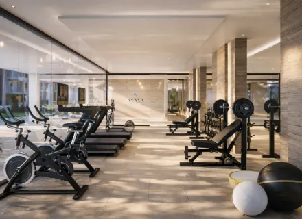 Modern residents’ gym at Ayana Estepona with professional fitness equipment, bright interiors and a luxury wellness atmosphere.