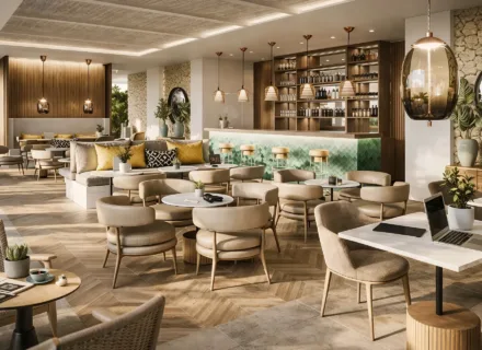 Stylish residents’ lounge at Ayana Estepona with café bar, co-working tables, elegant seating and a relaxed lifestyle vibe.