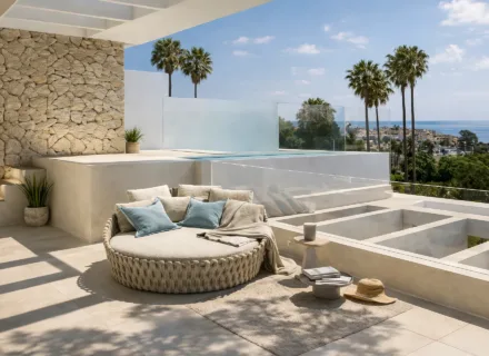 Exclusive rooftop terrace at Ayana Estepona with lounge seating, glass balustrades and stunning panoramic views of the sea