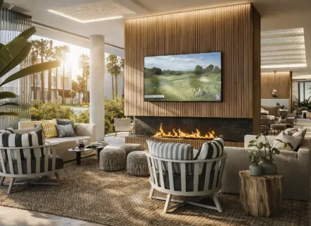 Elegant residents’ lounge at Ayana Estepona with designer seating, fireplace, TV area and relaxed social atmosphere.