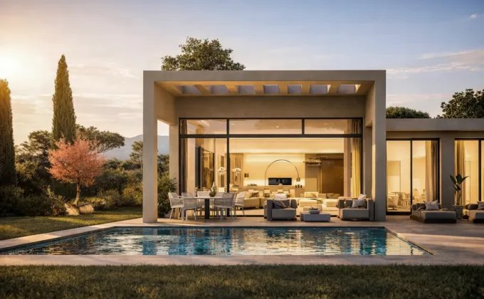Modern luxury villa with swimming pool at sunset, large glass facade, elegant outdoor seating and warm interior lighting in Andalusia