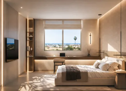 Modern luxury bedroom with workspace and sea view at Alcántara del Mar Mile residence