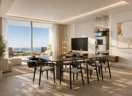 Luxury open plan dining and living room with sea view at Alcántara del Mar Mile residence