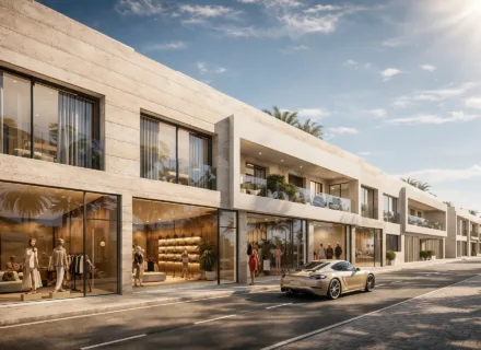 Luxury shopping and residential promenade at Alcántara del Mar Mile with modern architecture, boutiques and palm-lined street