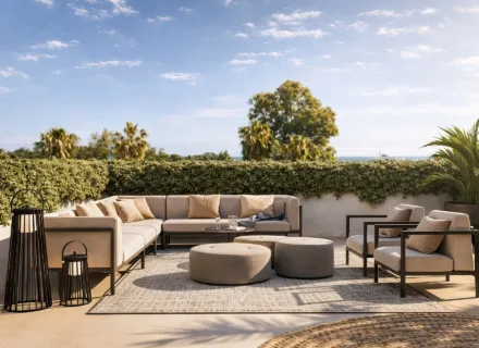 Luxury outdoor lounge terrace with sea view at Alcántara del Mar Mile residence