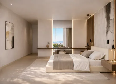 Modern luxury bedroom with workspace and sea view at Alcántara del Mar Mile residence