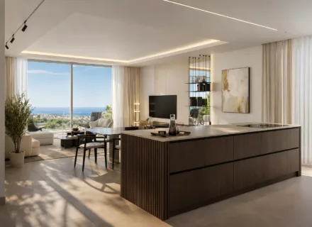 Luxury open plan kitchen and living room with sea view at Alcántara del Mar Mile residence