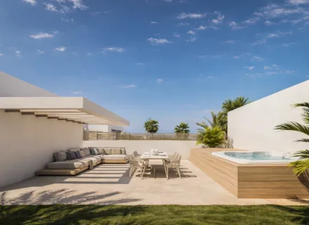 Luxury rooftop terrace with jacuzzi and outdoor lounge at Alcántara del Mar Mile residence
