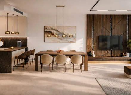 Apartamenty Marbella East – nowoczesna jadalnia z kuchnią i salonem