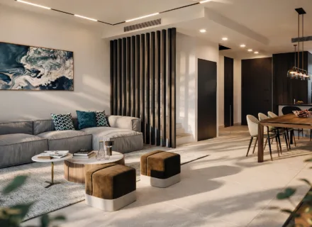 Apartamenty Marbella East – nowoczesne luksusowe wnętrze salonu z jadalnią