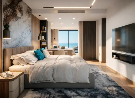 Apartamenty Marbella East – nowoczesna sypialnia z widokiem na morze