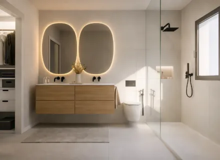 Nowoczesne apartamenty w Esteponie na sprzedaż – elegancka łazienka z prysznicem i podświetlanymi lustrami