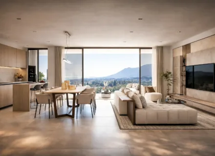 Nowoczesne apartamenty w Esteponie na sprzedaż – przestronny salon z jadalnią i widokiem na góry