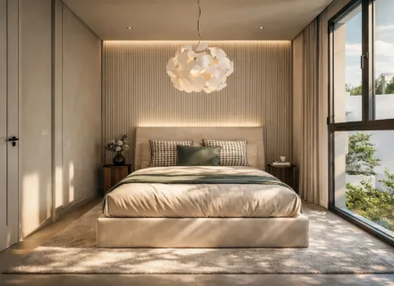 Nowoczesne apartamenty w Esteponie na sprzedaż – przytulna sypialnia z dużym łóżkiem i naturalnym światłem