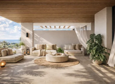 Modern apartments in Estepona terrace lounge with sea view and relaxing outdoor space