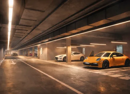 Modern apartments in Estepona underground parking garage with luxury cars