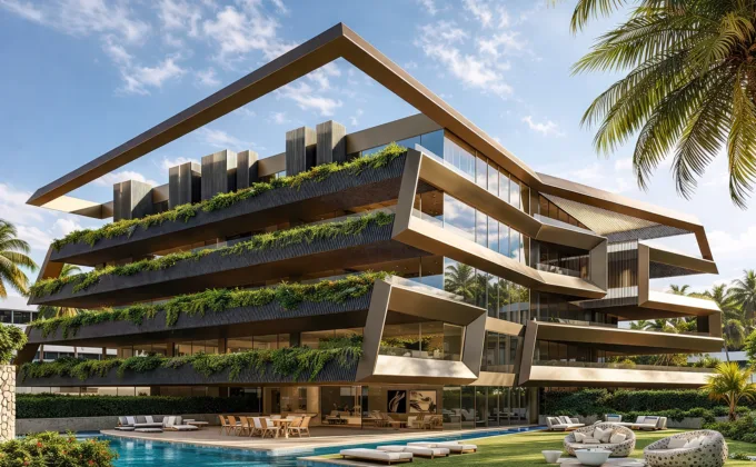 nowoczesna architektura The Privilege Estepona z basenem i zielenią