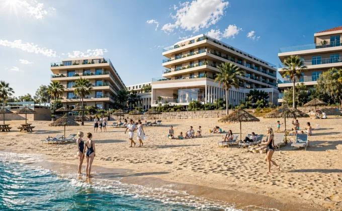 Vesta Mare Manilva – nowoczesne apartamenty przy plaży z basenem i palmami w słoneczny dzień