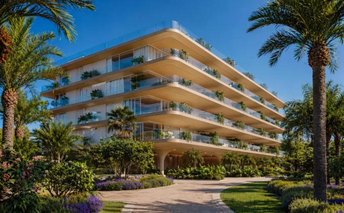 NACARE Luxury Estepona nowoczesny budynek z tarasami, roślinnością i palmami