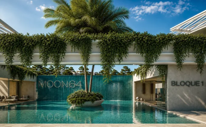 Luksusowe apartamenty w Hiszpanii Moon64 Manilva, reprezentacyjna strefa wejściowa z basenem, palmami i ścianą wodną z logo Moon64
