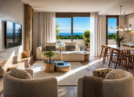 Nowe apartamenty Greenity Mijas – jasny salon z tarasem, kuchnią i widokiem na Morze Śródziemne