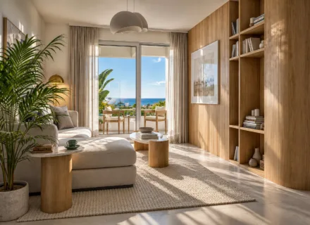 Apartamenty na sprzedaż Benalmadena – salon z jasną sofą, drewnianą zabudową i wyjściem na taras z widokiem na morze.